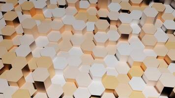 Hexagons move on surface. Design. Surfaces with moving columns of hexagons. Beautiful pillars rise above surface in shape of honeycombs video