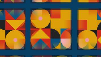 Colorful retro ornament with geometric shapes. Motion. Modernist animation with geometric multicolored figures. Colorful triangles, squares and circles move in abstraction video