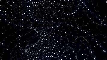 Curved energy flows from points. Design. Point lines move in cosmic stream on black background. Mathematical curved lines of dots move in energy flow video