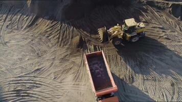 Excavator clearing beach. Scene. Top view of clearing of beach area. Excavator and dump trucks clean coastal part in summer. Construction work on beach video