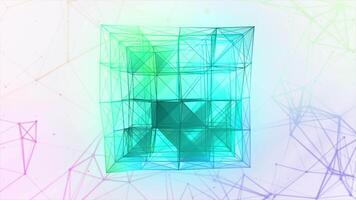 Artificial intelligence creating blue gradient plexus cubic 3D figure. Motion. Glowing beautiful transforming cube, scientific background. video