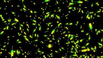 Black background.Design.Green and white particles of small size in the animation fly at high speed from bottom to top. video