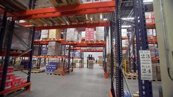 Russia Moscow - February 24, 2022. View between rows inside big factory warehouse. Creative. Camera travels inside a large store, concept of logistics. video