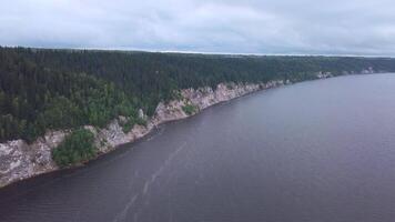 Aerial view of a wide rippled river with the endless pine tree forest. Clip. Flying above summer nature with green forest and long river on cloudy sky background. video