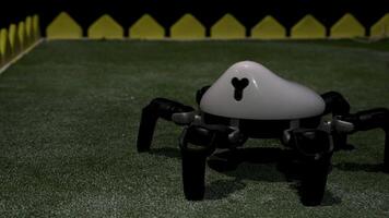 Moving Spider Robot. HDR. Exhibition of modern technologies in robotics. Spider robot moves and walks on playground. Latest robotics technologies video