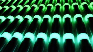 Tube like shapes with moving slowly parallel neon lights, seamless loop. Design. Pipes with green and turquoise energy lights. video