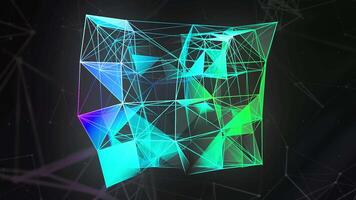 Transforming 3D cube silhouette from narrow lines and dots. Motion. Abstract geometric plexus figure on a colorful background. video