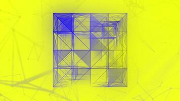 Transforming 3D cube silhouette from narrow lines and dots. Motion. Abstract geometric plexus figure on a colorful background. video