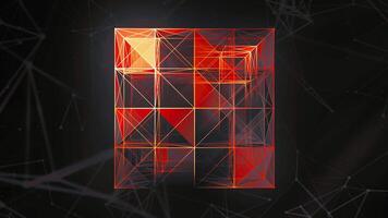 Linear construction in geometric cube. Motion. Colorful lines are assembled into cube in 3D projection. Colorful cube of lines and triangular connection video