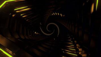 Movement in spiral with structure and neon stripes. Design. Futuristic 3d spiral with neon stripes. Dark spiral in style of spaceship with twist video