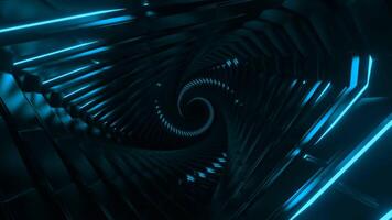 Movement in spiral with structure and neon stripes. Design. Futuristic 3d spiral with neon stripes. Dark spiral in style of spaceship with twist video