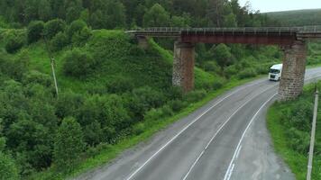 A huge green summer forest. Bird's-eye view. Scene.A long bridge next to a field of green grass and trees at the bottom of which is a road and a big white truck is driving along it. video