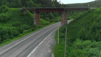 A huge green summer forest. Bird's-eye view. Scene.A long bridge next to a field of green grass and trees at the bottom of which is a road and a big white truck is driving along it. video