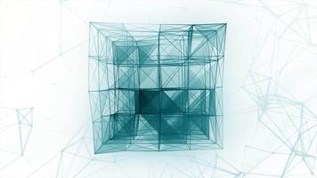 White background. Motion. A blue square made of a thin web in animation that slowly spins. video