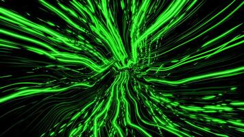 Neon lines in perspective are distorted. Design. Failure with distortion of neon centralized lines. Bright lines moving towards center are distorted by wavy streams. Matrix distortions video