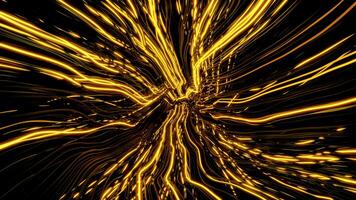 Abstract golden fluctuating sun rays around one spot in the middle. Design. Yellow narrow spreading lines on a black background, seamless loop. video