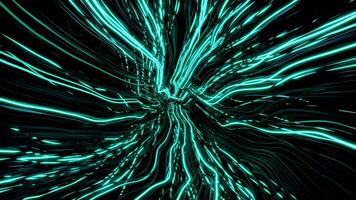 Neon lines in perspective are distorted. Design. Failure with distortion of neon centralized lines. Bright lines moving towards center are distorted by wavy streams video
