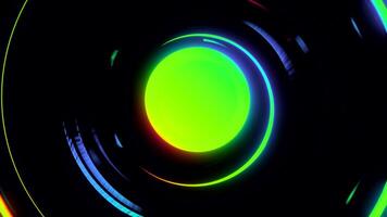 Abstract rainbow colors light rings spinning around a circle, seamless loop. Design. 3D moving round lines on a black background. video