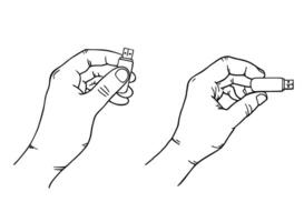Hand holding USB flash drive. Information resident, flash card usb. graphics in sketch style. Hand-drawn outline black line vector