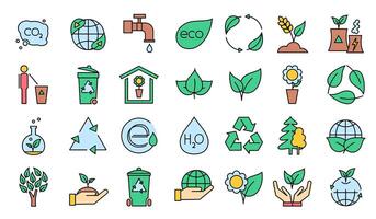 Eco friendly thin line icon set in minimalistic style. Ecology color linear icons. A simple symbol of environmental sustainability. Editable stroke vector