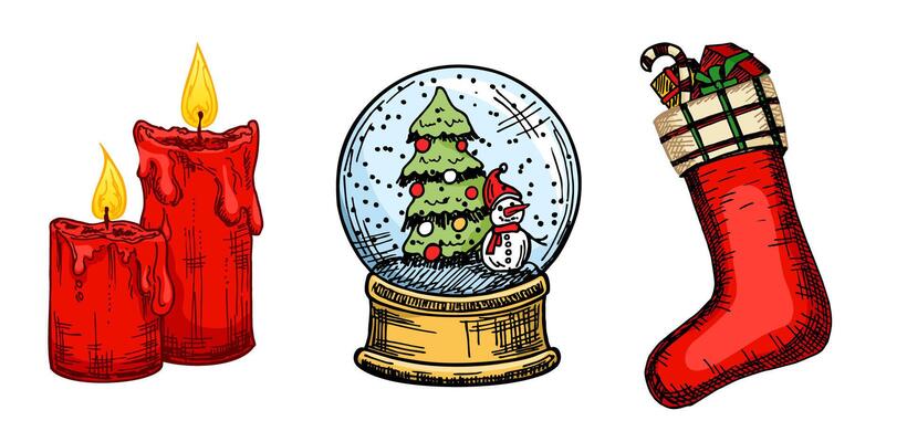 Christmas and winter decoration icons collection of traditional Christmas New Year symbols and elements. Christmas stocking with gifts, candles, Glass ball with snow. Hand drawn illustration