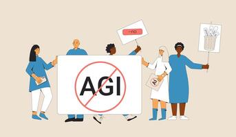 Anti artificial general intelligence. Young artists protest against working with AI vector