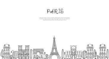 Horizontal banner with Paris architecture skyline in sketch doodle style in white and black colors. Hand drawn line silhouette by black ink pen. Space for text vector