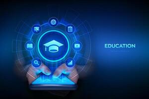 Education. Innovative online e-learning and internet technology concept. Webinar, teaching, online training courses. Skill development. Smartphone in hands. Using smartphone. illustration. vector