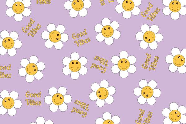 Happy smile face banner in trendy retro style. Colorful round stickers, character icons on a cute background. Illustration in 90s graphics for fabric, print, textile, wrapping paper.