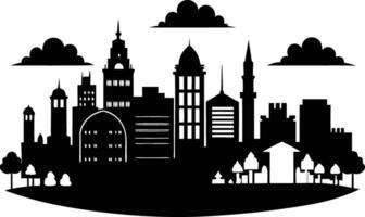 Cityscape illustration of city skyline with buildings and trees vector