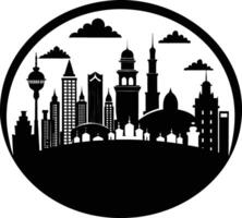 Cityscape illustration of city skyline with buildings and trees vector