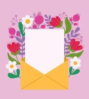 Blank greeting card blank envelope with frame flower. Floral pink bouquets outside envelope. Invitation paper in flat style vector