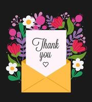 Drawing greeting postcard with abstract flower and letter in black background. Thank you phrase. Botanical flower frame with message envelope. vector