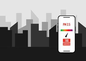 smartphone and application check PM 2.5 Air pollution alert, on background is a city vector