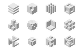 Cube logo, geometric design. Box logotype company, trendy tech emblem in pixel style. vector