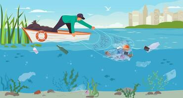 Man on boat cleaning sea and collects garbage from the water with a net. Volunteer polluted ocean water cleanup. The person is removing trash and waste from the lake. Urban eco pollution vector