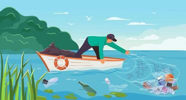 Man on boat cleaning sea and collects garbage from the water with a net. Volunteer polluted ocean water cleanup. The person is removing trash and waste from the lake. Urban eco pollution vector