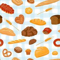 seamless pattern bread products. Template page design food with bakery food. Background with rye bread and pretzel, muffin, ciabatta, whole grain bread, variety buns, baguette for menu bakery vector