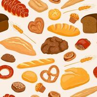seamless pattern bread products. Template page design food with bakery food. Background with rye bread and pretzel, muffin, ciabatta, whole grain bread, variety buns, baguette for menu bakery vector