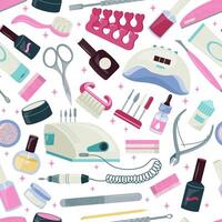 Manicure tools bright seamless pattern. Background with manicure and pedicure nail design elements. template page design beauty salon. vector