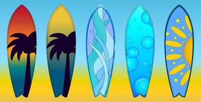 A colorful set of surfboard illustrations with tropical and abstract designs. Perfect for summertime, beach, and surfing themes. vector