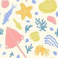 Fun playful beach seamless pattern with a crab, fish, umbrella, bucket, shovel, starfish, seashells, weeds and pebbles. Textile, paper design. Cartoon, childish. vector