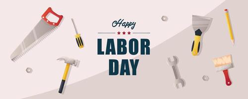 Web banner, happy labor day, white background and construction tools. vector