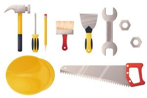 A set of building tools helmet, hammer, nut, brush, saw, screwdriver.On white insulated background vector