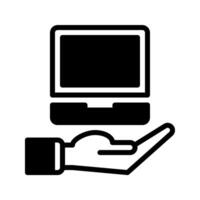 laptop computer and hand icon outline black style. Business and finance icons vector