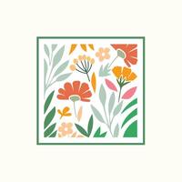 hand drawn decorative flower and leaf in square frame vector