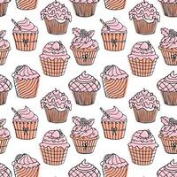 Seamless pattern, hand drawn linear cupcakes with color Background, print vector