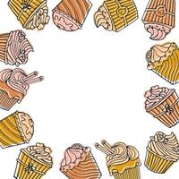 Frame from hand drawn linear cupcakes with color. Background for cafe, menu vector