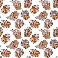 Seamless pattern, hand drawn linear cupcakes with color Background, print vector
