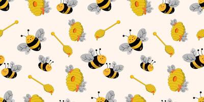 Honey bee seamless cartoon pattern with honey and Beehive. It can be used for paper designs, gift wrapping, textiles, etc. vector